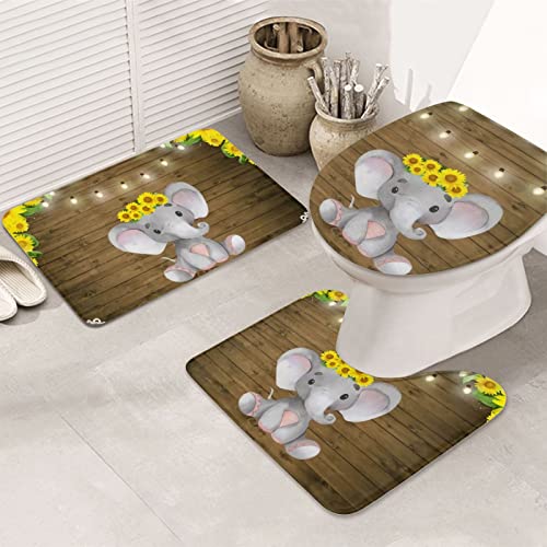 AOOEDM Badematten-Set mit Sonnenblumen-Elefant-Holzboden, rutschfeste Unterlage, 3-teiliges Badteppich-Set für Badezimmer, Toilette, Schlafzimmer AOOEDM Badematten-Set mit Sonnenblumen-Elefant-Holzboden, rutschfeste Unterlage, 3-teiliges Badteppich-Set für Badezimmer, Toilette, Schlafzimmer von AOOEDM