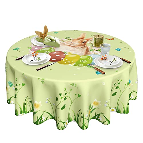 AOOEDM Ostertischdecke, rund, 152,4 cm, Hasentuch, Ostertischdecke, waschbar, Polyester, Ostereier, Tischplatte, rund für Küche, Party, Picknick, Esszimmer, Dekoration von AOOEDM