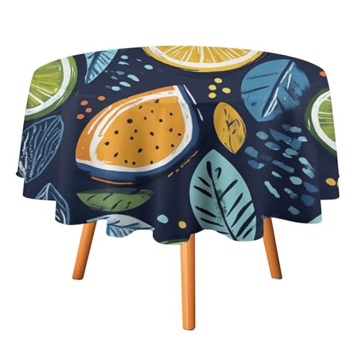 Moderne runde Tischdecke im Boho-Stil mit Obst und Zitrone, 91,4 cm, für den Esstisch in der Küche, rustikale Bunte Tischdecke mit tropischen Zitronenblättern, runde Tischdecken von AOOEDM