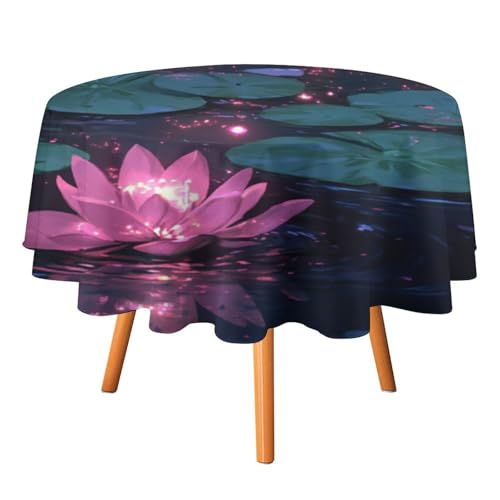 Moderne runde Tischdecke mit glitzernden Lotusblumen, 127 cm, für Küchen-/Esstisch, abstrakte Tischdecke mit sommerlichen grünen Blättern und Blumen, Lotus-Muster, runde Tischdecken von AOOEDM