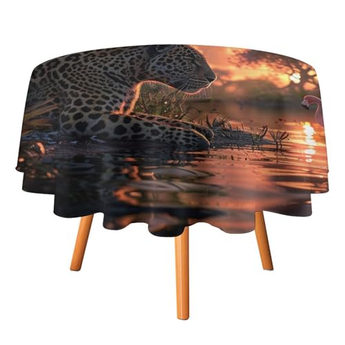 Runde Tischdecke mit Aquarell-Tier-Leoparden-Flamingo, 127 cm, für Küchen-/Esstisch, abstrakte rustikale nautische Blumen-/Grünblatt-Tischdecke, runde Tischdecken von AOOEDM