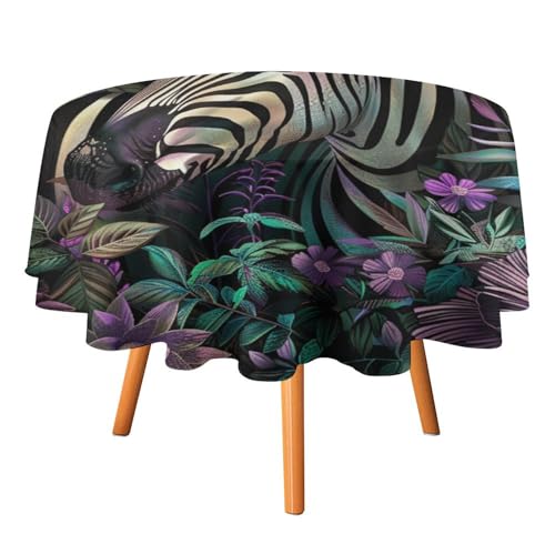 Runde Tischdecke mit abstraktem Aquarell-Zebra, 152,4 cm, für Küchen-/Esstisch, farbenfrohe rustikale Tischdecke mit tropischen Palmenblättern und Blumen, runde Tischdecken von AOOEDM