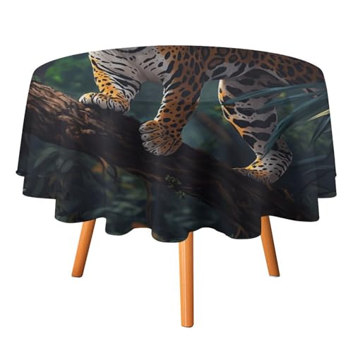 Runde Tischdecke mit abstraktem tropischem Leopardenmuster, 127 cm, für Küchen-/Esstisch, Moderne Tischdecke mit Dschungel-Palmenblättern und wildem Leopardenmuster, runde Tischdecken von AOOEDM