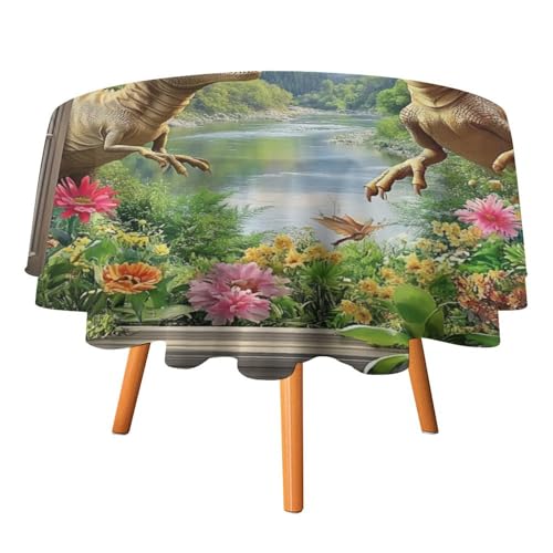 Rustikale 3D-Tischdecken mit zu öffnendem Fenster und Dinosauriern, runde 60-Zoll-Tischdecken, Moderne Tischdecken mit tropischen Palmenblumen und Dinosauriern, waschbare Tischdecke von AOOEDM