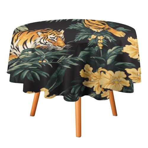 Rustikale Bohe-Tischdecken mit tropischem Tiger, rund, 178 cm, Moderne Tischdecken mit Cartoon-Tiger-Blumenmotiv und Palmblättern, waschbare Tischdecke von AOOEDM
