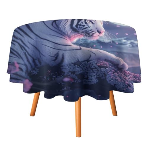 Rustikale Tischdecken mit Aquarell-Tier-Tiger, rund, 152,4 cm, Fantasy-Tischdecken mit Frühlings-Kirschblüten-Vollmond, waschbare Tischdecke von AOOEDM