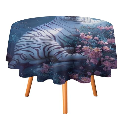 Rustikale ästhetische Tischdecken mit Tier-Tiger, rund, 152,4 cm, Tischdecke mit Aquarell-Frühlings-Kirschblüten-Vollmond, waschbare Tischdecke von AOOEDM