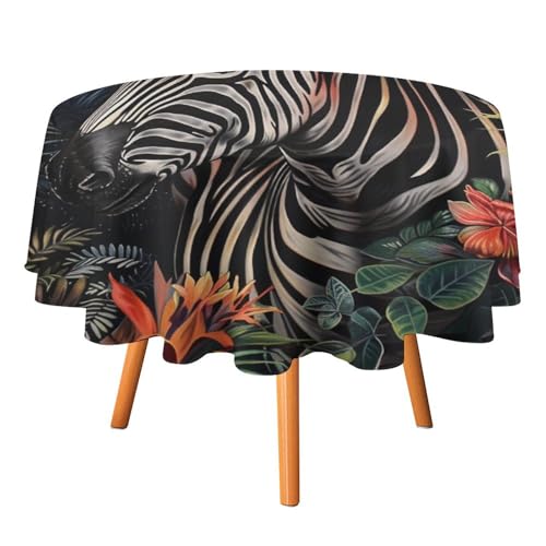 Rustikale ästhetische Tischdecken mit Tier-Zebra-Motiven, rund, 91,4 cm, Tischdecken mit Aquarell- und abstrakten tropischen Palmenblättern und Blumen, waschbare Tischdecke von AOOEDM