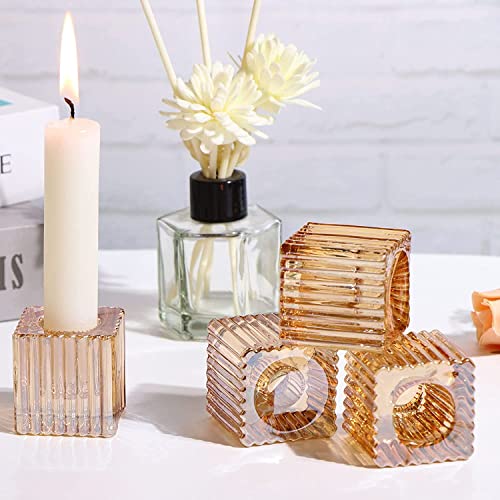 4 Stück Glass Kerzenständer Stabkerze Bernstein, Candle Holders Glas for Tea Light or Taper Candles, Kerzenständer Transparent Kerzenhalter Klarglas for Weddings Birthday Parties Heimat Dekoration von AOOGON