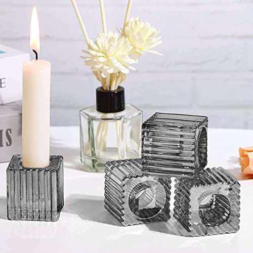 4 Stück Glass Kerzenhalter Stabkerze Rauchgrau, Candle Holders Glas for Tea Light or Taper Candles, Kerzenständer Transparent Kerzenhalter Klarglas for Weddings Birthday Parties Heimat Dekoration von AOOGON