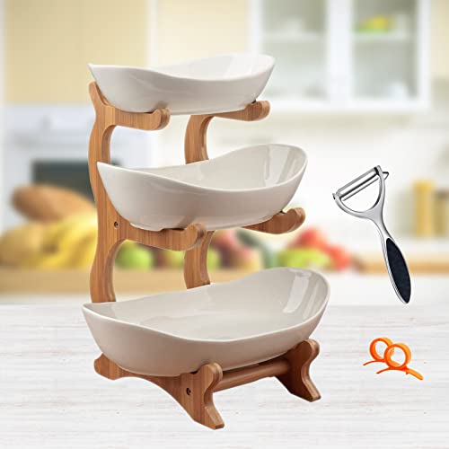 AOOGON Obst Etagere Obstschale Keramik 3 Stöckig Porzellan Obstteller 3 Etagen mit Natürlichem Bambus Ständer Servierteller für Obst, Kuchen, Süßigkeiten von AOOGON
