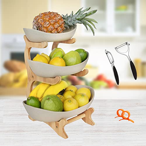 AOOGON TonKeramik Obst Etagere Obstschale 3 Stöckig Porzellan Obstteller 3 Etagen mit Natürlichem Bambus Ständer Servierteller für Obst, Kuchen, Süßigkeiten von AOOGON