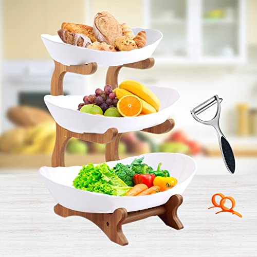 AOOGON Obst Etagere 3 Stöckig mit Natürlichem Bambus Steher, PP Material Obstschale, Ständer Serviertelle für Obst, Gemüse, Kuchen, Süßigkeiten, für mehr Platz in der Küche von AOOGON