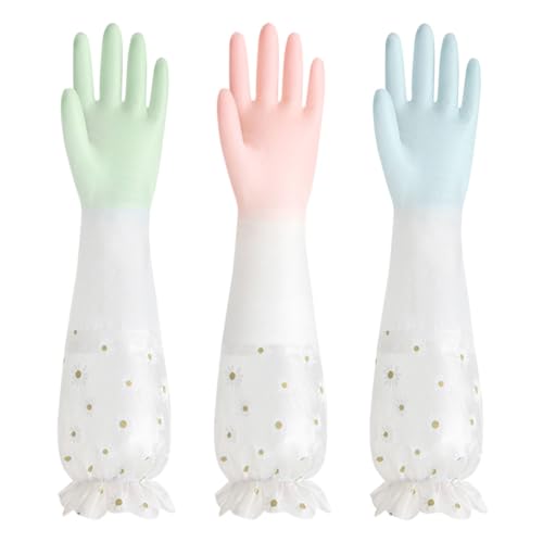 AOOPOO 3 Paare Haushaltshandschuhe, Extra Lange Gummihandschuhe mit Innenfutter aus Baumwolle Abwaschhandschuhe Küchenhandschuhe Wiederverwendbare Reinigungshandschuhe für Küche, Bad, Gartenarbeit von AOOPOO
