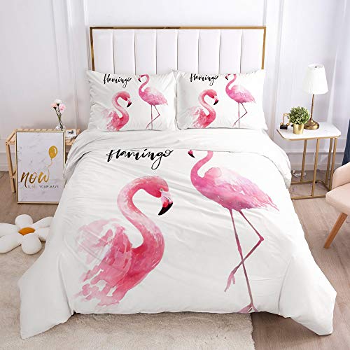 AOOQ Flamingo Bettbezug Flamingo Cartoon Tiere Muster Bettwäsche Set Rosa Flamingo-Blumenmuster-Bettbezug für Jungen und Mädchen mit Kissenbezug (N5,135 x 200 cm) von AOOQ