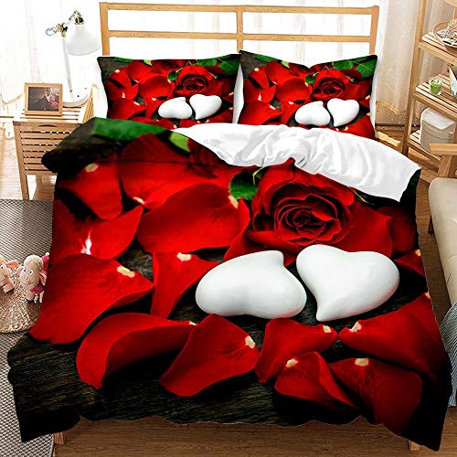 AOOQ Rot Rose Bettwäsche Set 3D Rose Blumen Drucken Bettbezug mit Kissenbezügen, für Valentinstag (H3,135 x 200 cm) von AOOQ