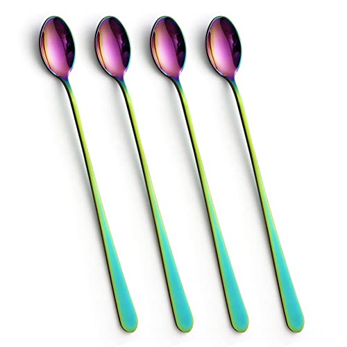 4 Stück Latte-Kaffeelöffel, 22.7 cm, Edelstahl, langer Griff, Rührlöffel, Rührlöffel, Kaffeelöffel, Dessertlöffel-Set für Eistee, Dessert, Cocktail(Regenbogenfarbe) von AOOSY