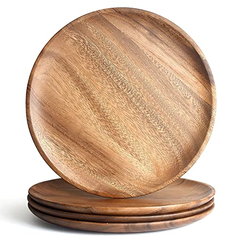 AOOSY Essteller aus Akazienholz, 4er-Set 27cm rundes Holz-Serviertablett, Holzteller zum Essen von Sandwich, Salat, Obst, Speisen, Wurstplatten, Platzteller von AOOSY