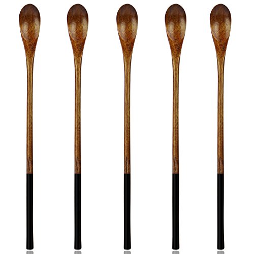 AOOSY Holzlöffel, Holz Langgriff Löffel 5 Stück Naturholz Rührlöffel Set für Kaffee Eis Tee Heiße Getränke (Dunkelbraun) von AOOSY