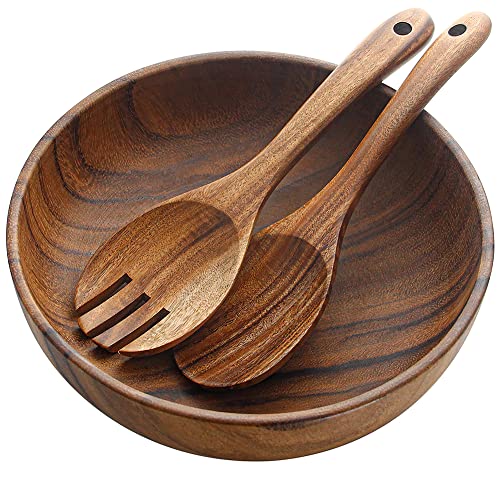 AOOSY Salatschüssel und Salatbesteck-Set, Akazienholz, 24,9 cm, Holz-Salatschüssel mit Holz-Servierlöffel-Set, Salat, Rührgabel und Löffel,Bowl schüssel Küchenutensilien-Set von AOOSY