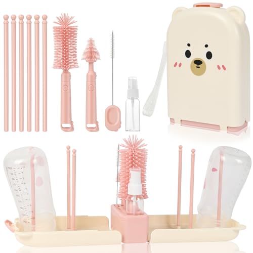 AOOTE Reise Baby Flaschenbürste Set, Flaschenbürste Baby Silikonbürste Babyflasche mit Silikon Babyflaschenbürste, Saugerbürste, Strohbürste, Seifenspender, Aufbewahrungsbox von AOOTE