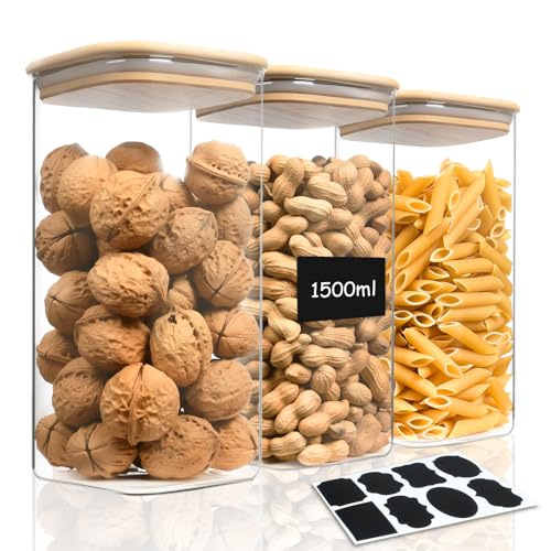 AOOTE Vorratsgläser Mit Deckel, Vorratsdosen Glas 3er Set, Vorratsdosen Mit Deckel & Vorratsetiketten, Müsli Aufbewahrungsgläser, Aufbewahrungsbox Küche für Alle Lebensmitte von AOOTE