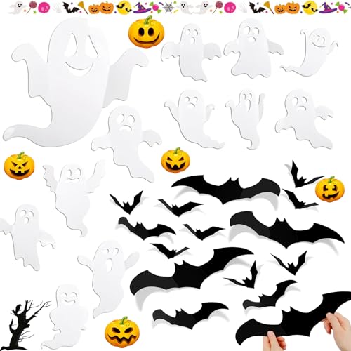 AOOTUERL 24 Pcs Halloween 3D Geister Fledermaus Wandaufkleber Deko, Wasserdichtes PVC Gruseliges Schwarzes, für Halloween Party Dekoration, für Zuhause,Party, Raumdekoration von AOOTUERL