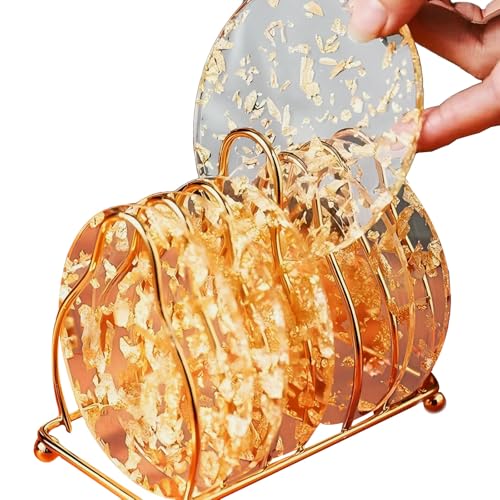Untersetzer Rund, 6er Set Transparente Goldfolie Hitzebeständig, Acryl Tassenuntersetzer rutschfest mit Goldfolie Platzset, für Getränke/Bar/Tassen/Tischuntersetzer Getränkeuntersetzer von AOOTUERL