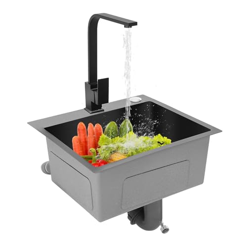 AOOUNGM Spülbecken Edelstahl 45x40 cm Einbauspüle, Spüle mit Armatur Set, Küchenspüle Schwarz für kleine Küchen, Küche Waschbecken von AOOUNGM