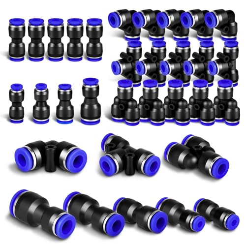 AOOWU 24-teiliges 8mm Pneumatisches Quick-Push-In-Verbindungs-Kit für Luftschläuche, Schlauch OD Push to Connect Air Control Kugelhahn Pneumatische Ventil Union Fittings(9Gerade/5Winkel/5T-/5Splitter) von AOOWU