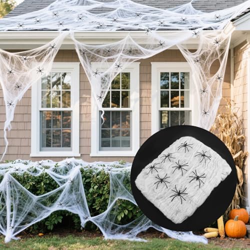 AOROPS Halloween Deko Spinnennetz, 200g Weiß Dehnbare Spinnennetz mit 50 Stück Plastic Schwarz Spinnen, Groß Halloween Spinnennetz Dekoration für Innen Außen Häuser Garten von AOROPS