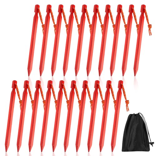 Zelt Heringe, 20 Stück Camping Heringe Zeltheringe Sturmsicher Sandheringe 18cm, Rot Aluminium Erdnägel Häringe mit Seil und Aufbewahrungstasche für Wander Camping von AOROPS
