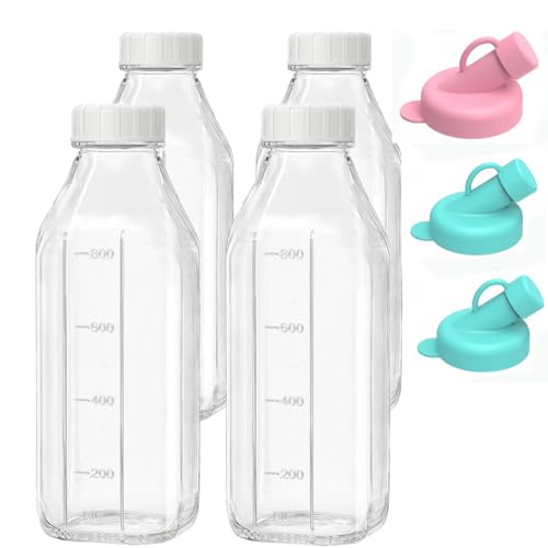 4er Set Glasflaschen Mit Deckel 1 Liter, Glas-MilchbehäLter Für Den KüHlschrank Zur Aufbewahrung Von Frischer Milch, Luftdichtes, Transparentes Saftglas Mit 3 Silikonausgiessern (4 Set) von AOSEE