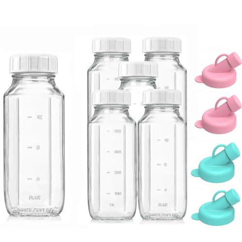 AOSEE 6er Set Glasflaschen Mit Deckel 500ml, Glas-MilchbehäLter Für Den KüHlschrank Zur Aufbewahrung Von Frischer Milch, Luftdichtes, Transparentes Saftglas Mit 4 Silikonausgiessern (6Set-500ML) von AOSEE