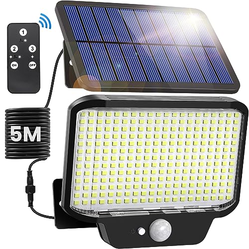 Solarleuchte für den Außenbereich mit Bewegungsmelder, 265 LEDs, bis zu 1400 LM,2200mAh, 120° Erfassungswinkel, 3-8 m Fernerkennungsentfernung,IP65 wasserdicht,bis zu 10 Stunden nutzbar, mit 5 m Kabel von AOSTOK