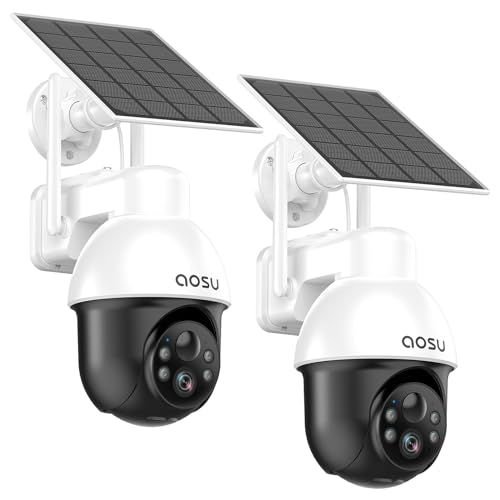 AOSU 3K Überwachungskamera Aussen Akku Solar, 5MP Kabellose WLAN-Überwachungskamera für den Außenbereich zur Haussicherheit, 360° Panoramisches PTZ, Automatische Verfolgung, Nachtsicht, 2 STK von AOSU