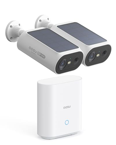 AOSU 2K Überwachungskamera Aussen Solar Akku 2 Cam-Kit mit Station Integrierte Solarplatte 0 Gebühr 32GB Lokaler Speicher AI Personerkennung Licht- & Tonalarm 2-Wege-Audio Farbige Nachtsicht IP65 von AOSU