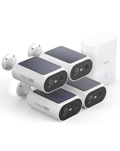 AOSU 2K Überwachungskamera Aussen Solar Akku 4 Cam-Kit mit Station Integrierte Solarplatte 0 Gebühr 32GB Lokaler Speicher AI Personerkennung Licht- & Tonalarm 2-Wege-Audio Farbige Nachtsicht IP65 von AOSU