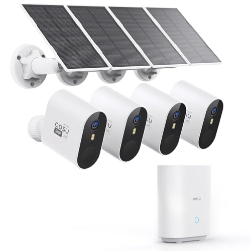 AOSU 5MP Überwachungskamera Aussen Solar Set, Outdoor WLAN Kameras System 4+1, kein ABO - 32G Lokale Aufzeichnung, UHD-Auflösung, Farb-Nachtsicht, 2-Wege-Audio, IP67, Kompatibel mit 2.4G/5G WiFi - 7S von AOSU