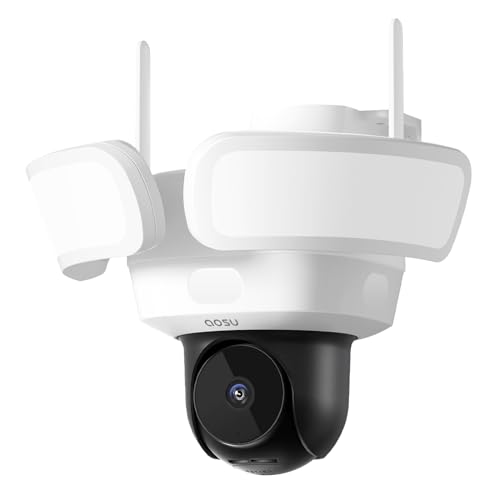 AOSU 5MP Außen Überwachungskamera mit Licht - Kabelgebundene WLAN Kamera Aussen mit 2600 Lumen Flutlicht, 3 PIR Bewegungsmelder, 360° Abdeckung, 24/7 Aufnahme, KI-Erkennung, Smarte Beleuchtung von AOSU