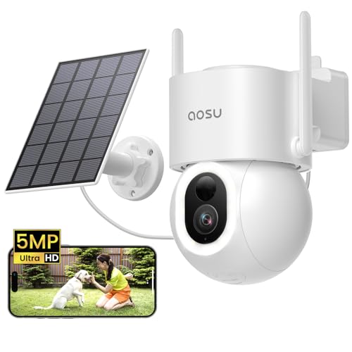 AOSU 3K 5MP Überwachungskamera Aussen Solar Akku, 360° PTZ, 2-in-1 Überwachung und Beleuchtung, AI-Erkennung Person Auto Haustier Zaun, Licht- & Alarmton, Vollautomatisches Tracking, Farb-Nachtsicht von AOSU