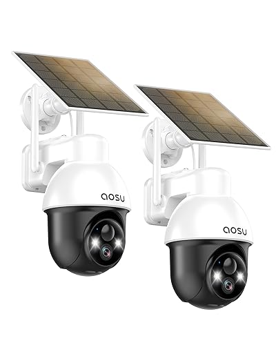 AOSU Überwachungskamera Aussen mit Solarpanel, Panorama-PTZ, Automatischer Personenverfolgung, 2K-Nachtsicht, Licht- und Tonalarm, 2-Wege-Audio, kompatibel mit Alexa/Google Assistant(2-Pack) von AOSU