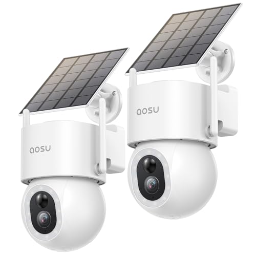 AOSU 3K 5MP Überwachungskamera Aussen Solar Akku, 360° PTZ, 2-in-1 Überwachung und Beleuchtung, AI-Erkennung Person Auto, Haustier, Zaun, Licht- & Tonalarm, 2-Wege-Audio, Farb-Nachtsicht, 2 STK von AOSU