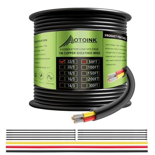 AOTOINK 22/3 15.24M 3 Adriges Elektrokabel 3x0.32mm², 12/24V 3 Poliges Kabel Verzinnte Kupferrohrabdeckung 22 AWG Gauge Draht für Automotive LED-Beleuchtung Boot von AOTOINK