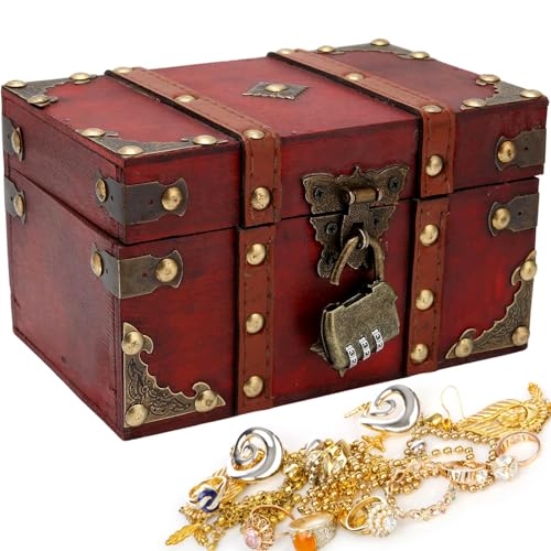 AOTOPYU Schatztruhe, Schatzkiste Kindergeburtstag, Piratenkiste, Geschenk-Box verschließbar mit Deckel und Schloss, Holztruhe (S:18x11x10cm) von AOTOPYU