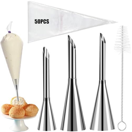 Spritztüllen Set für Windbeutel – 3 Lange Tüllen, Reinigungsbürste + 50 Spritzbeutel (14 Zoll) – Edelstahl, Lebensmittelecht für Backen & Dekoration (3) von AOTOPYU