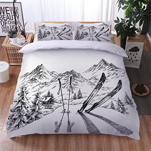 AOUAURO Bettwäsche 135x200 Skifahren in den Bergen Bettbezug Set 3D Bedruckte 3-Teiliges Polyester mit Reißverschluss 1 Bettbezug und 2 Kissenbezug 80x80cm 3 Stück Einzelbett von AOUAURO