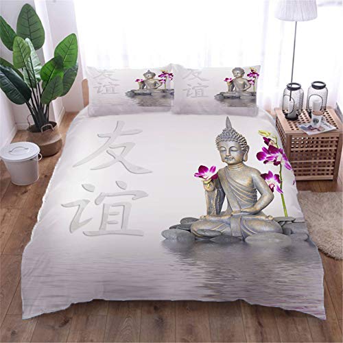 AOUAURO Bettwäsche 200x200 Buddha-Statue Bettbezug Set 3D 3-Teiliges Polyester mit Reißverschluss 1 Bettbezug und 2 Kissenbezug 80x80cm 3 Stück Doppelbett von AOUAURO