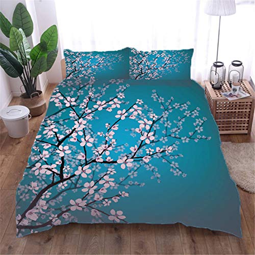 AOUAURO Bettwäsche 200x200 Kirschblüten Bettbezug Set 3D 3-Teiliges Polyester mit Reißverschluss 1 Bettbezug und 2 Kissenbezug 80x80cm 3 Stück Doppelbett von AOUAURO