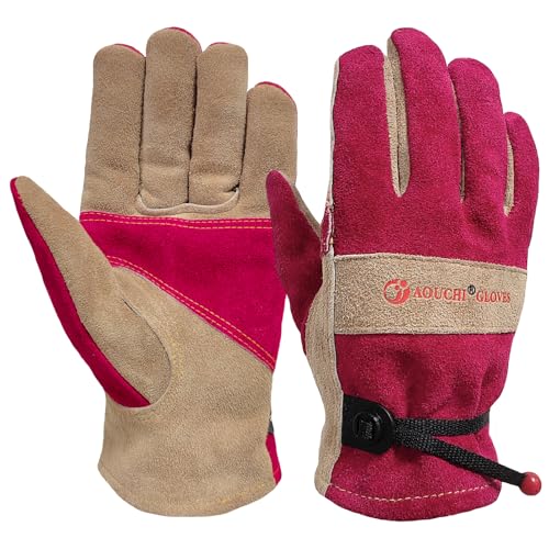 AOUCHI Damen-Lederhandschuhe für Gartenarbeit, Arbeit, Rindsleder, dornensichere Handschuhe Schweißhandschuhe mit Baumwollfutter zum Jäten, Beschneiden, Hofarbeiten (Mittel) von AOUCHI